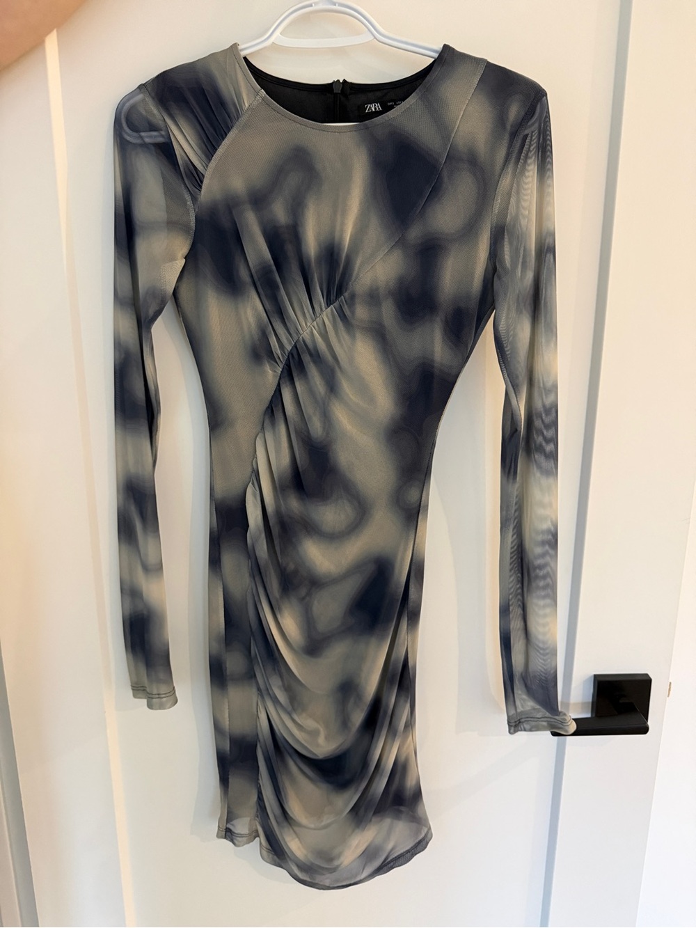 Zara Mesh Blue Long-Sleeve Draped Dress